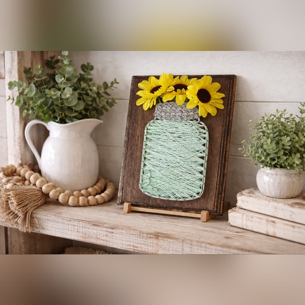 Sunflower Mason Jar String Art Farmhouse Wall Decor Rustic Wood